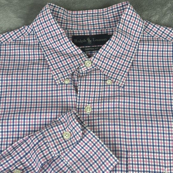 Ralph Lauren Shirt Men Large Button Down Pink Blue Plaid Custom Fit Chest Pocket - Picture 1 of 11